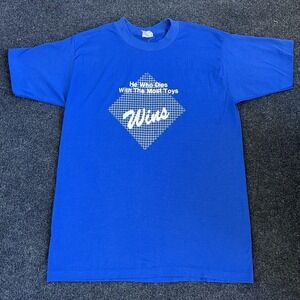 Vintage 80s He Who Dies With The Most Toys Wins Selec-T Shirt Men Large Blue Tee